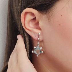 Photo of worn Queen Earrings with Aquamarine and Diamond Pendant