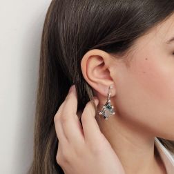 Photo of worn Queen Earrings with Aquamarine and Diamond Pendant