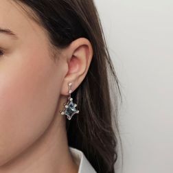 Photo of worn Queen Earrings with Aquamarine and Diamond Pendant