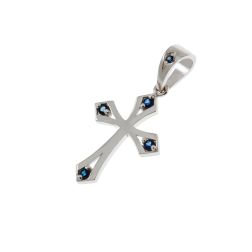 Ciondolo Croce Gotica in Oro Bianco con Zaffiri Blu