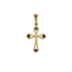 Gothic Cross Pendant in Yellow Gold with Blue Sapphires