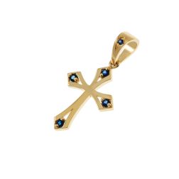 Ciondolo Croce Gotica in Oro Giallo con Zaffiri Blu
