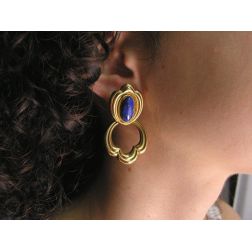photo of worn "The Birth of Venus" Yellow Gold Earrings with Blue Lapis