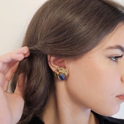 photo of worn "The Birth of Venus" Yellow Gold Earrings with Blue Lapis