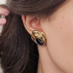 photo of worn "The Birth of Venus" Yellow Gold Earrings with Onyx Stones