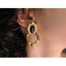 photo of worn "The Birth of Venus" Yellow Gold Earrings with Onyx Stones
