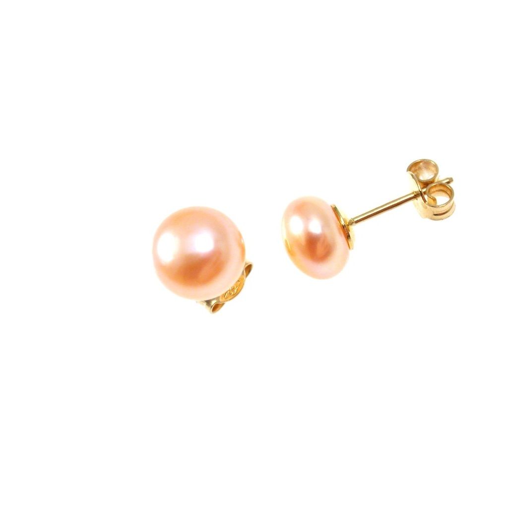 Orecchini Perle Rosa Freshwater a bottone 8.80mm in Oro Giallo