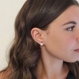 photo of worn 8.5mm Freshwater Pearl Earrings with 4mm Rhodolite