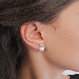 photo of worn 8.50mm Freshwater Pearl Earrings with 4.25mm Aquamarine