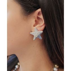 Photo of worn Starfish Earrings with Diamonds and Blue Sapphires 3cm