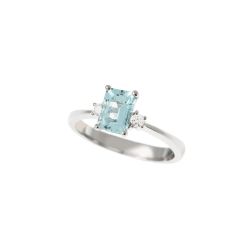 Anello Solitario Acquamarina Ottagonale 7x5mm e 2 Diamanti in Oro Bianco