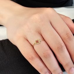 Photo of worn Easy Square Ruby Yellow Gold Solitaire Ring
