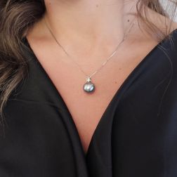 Photo of worn Light Point Brown Diamond and Tahitian Pearl Necklace