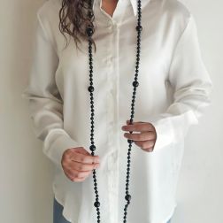 Photo of worn Black Onix 16.5mm - 8.5mm Spheres 170cm Long Necklace