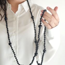 Photo of worn Black Onix 16.5mm - 8.5mm Spheres 170cm Long Necklace