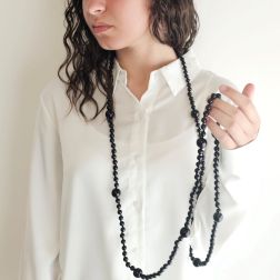 Photo of worn Black Onix 16.5mm - 8.5mm Spheres 170cm Long Necklace