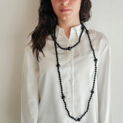 Photo of worn Black Onix 16.5mm - 8.5mm Spheres 170cm Long Necklace