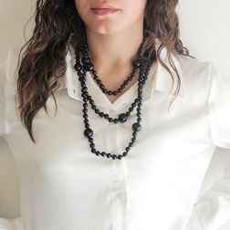 Photo of worn Black Onix 16.5mm - 8.5mm Spheres 170cm Long Necklace