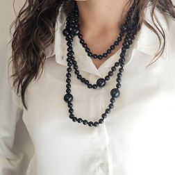 Photo of worn Black Onix 16.5mm - 8.5mm Spheres 170cm Long Necklace