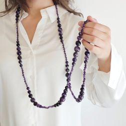 Photo of worn Amethyst 15.5mm to 10mm Scalar Faceted Spheres and 6mm spheres 160cm Long Necklace