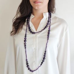 Photo of worn Amethyst 15.5mm to 10mm Scalar Faceted Spheres and 6mm spheres 160cm Long Necklace