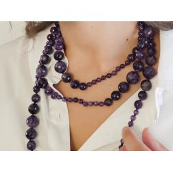 Photo of worn Amethyst 15.5mm to 10mm Scalar Faceted Spheres and 6mm spheres 160cm Long Necklace