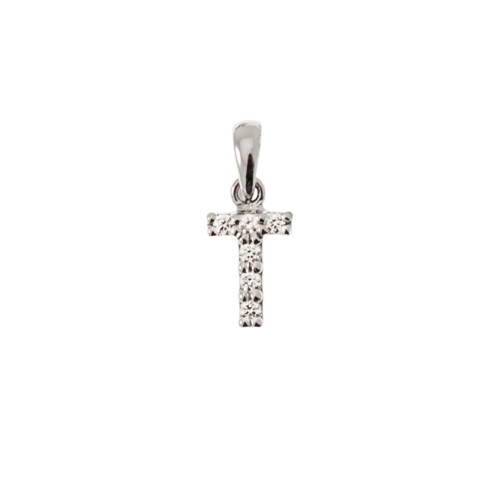 Ciondolo Lettera Iniziale "T" con Diamanti in Oro Bianco 18kt