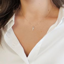 Photo of worn Initial Letter "T" Pendant with Diamonds in 18kt White Gold