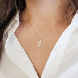 Photo of worn Initial Letter "Z" Pendant with Diamonds in 18kt White Gold