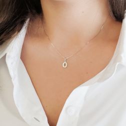 Photo of worn Initial Letter "O" Pendant with Diamonds in 18kt White Gold