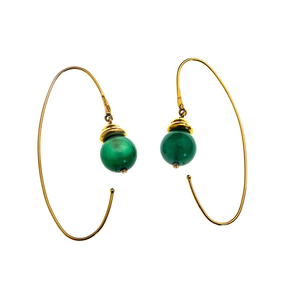 Yellow Gold Dangle Earrings with Green Agate Beads