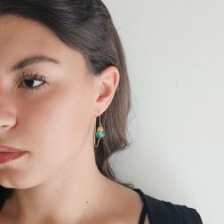 photo of worn Yellow Gold Dangle Earrings with Green Agate Beads