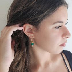 photo of worn Yellow Gold Dangle Earrings with Green Agate Beads