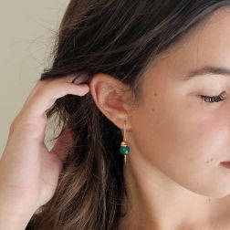 photo of worn Yellow Gold Dangle Earrings with Green Agate Beads