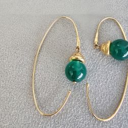 Yellow Gold Dangle Earrings with Green Agate Beads
