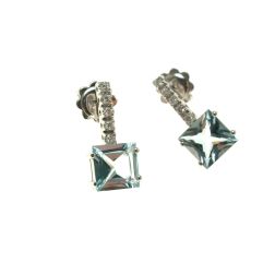 Orecchini con Acquamarina Quadrata 7x7mm e Barretta Diamanti