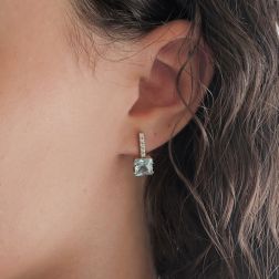 photo of worn Square Aquamarine 7x7mm and Diamond bar Earrings