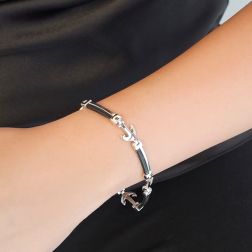 Photo of worn Segmented White Gold and Natural Rubber Bracelet with Anchors