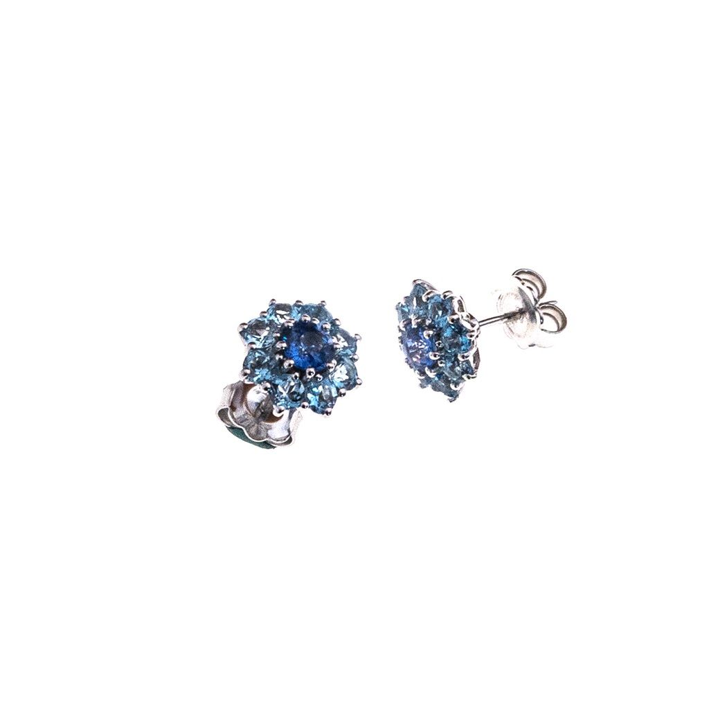 Flower Earrings with Aquamarine and Blue Sapphire in White Gold