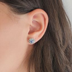 Photo of worn Flower Earrings with Aquamarine and Blue Sapphire in White Gold