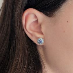 Photo of worn Flower Earrings with Aquamarine and Blue Sapphire in White Gold