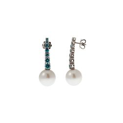 White Gold scalar Tennis Earrings with Blue Diamonds and Freshwater Pearls