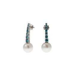 White Gold scalar Tennis Earrings with Blue Diamonds and Freshwater Pearls