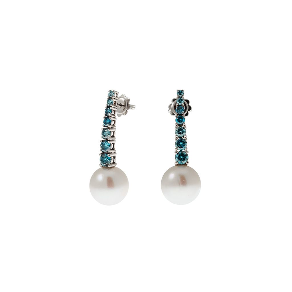 White Gold scalar Tennis Earrings with Blue Diamonds and Freshwater Pearls