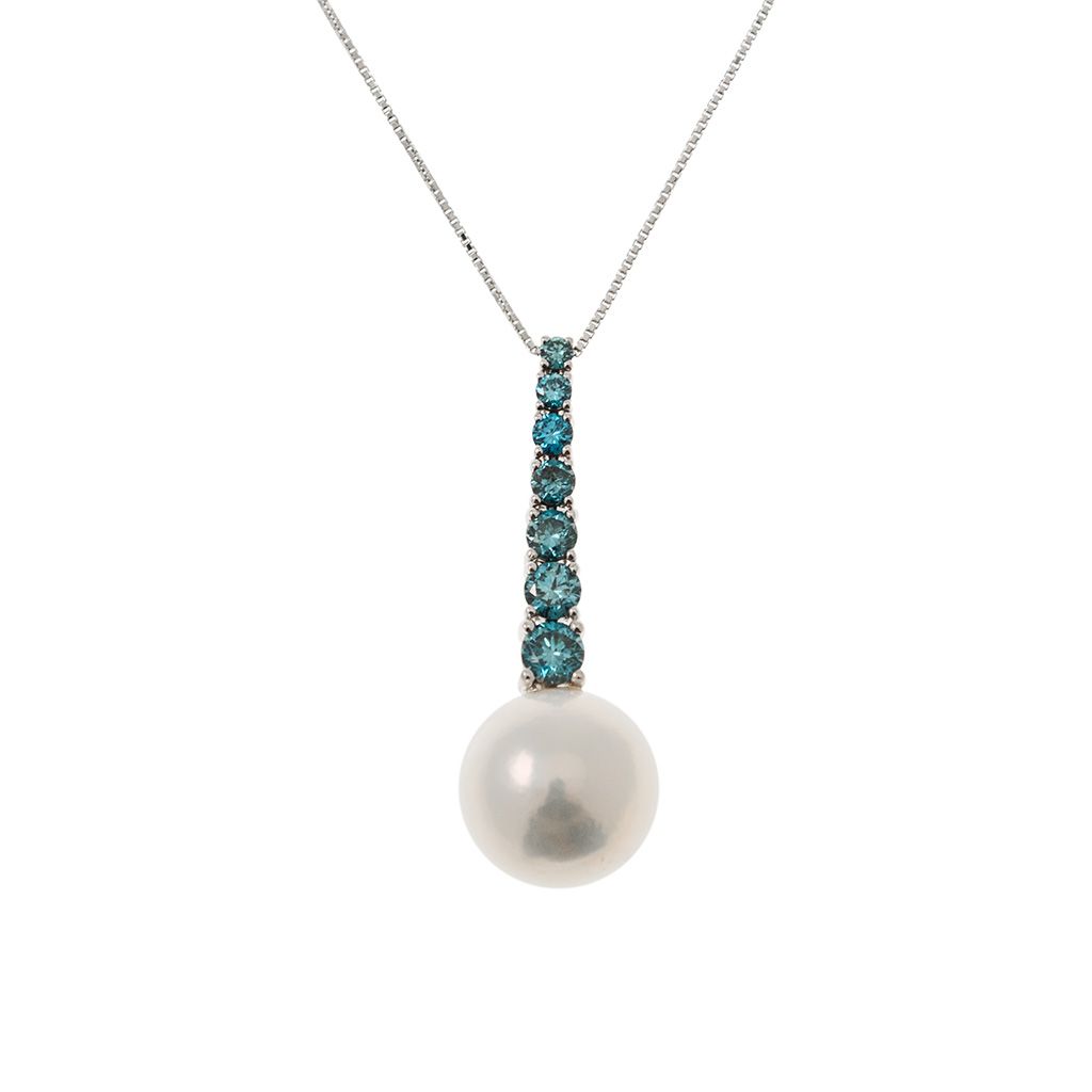 White Gold Tennis Necklace with Blue Diamonds and a Freshwater Pearl