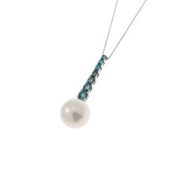 White Gold Tennis Necklace with Blue Diamonds and a Freshwater Pearl