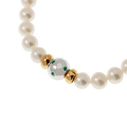 Akoya Pearl Necklace with Sphere Clasp and 9 Emeralds