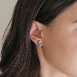 Photo of worn Aquamarine Drop Earrings with Diamond Accents