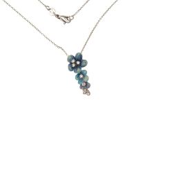 White Gold Necklace with three sky-blue enamelled Flowers Pendant set with Diamonds
