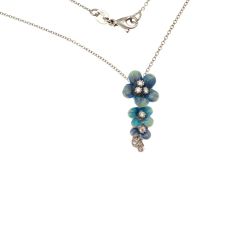 White Gold Necklace with three sky-blue enamelled Flowers Pendant set with Diamonds